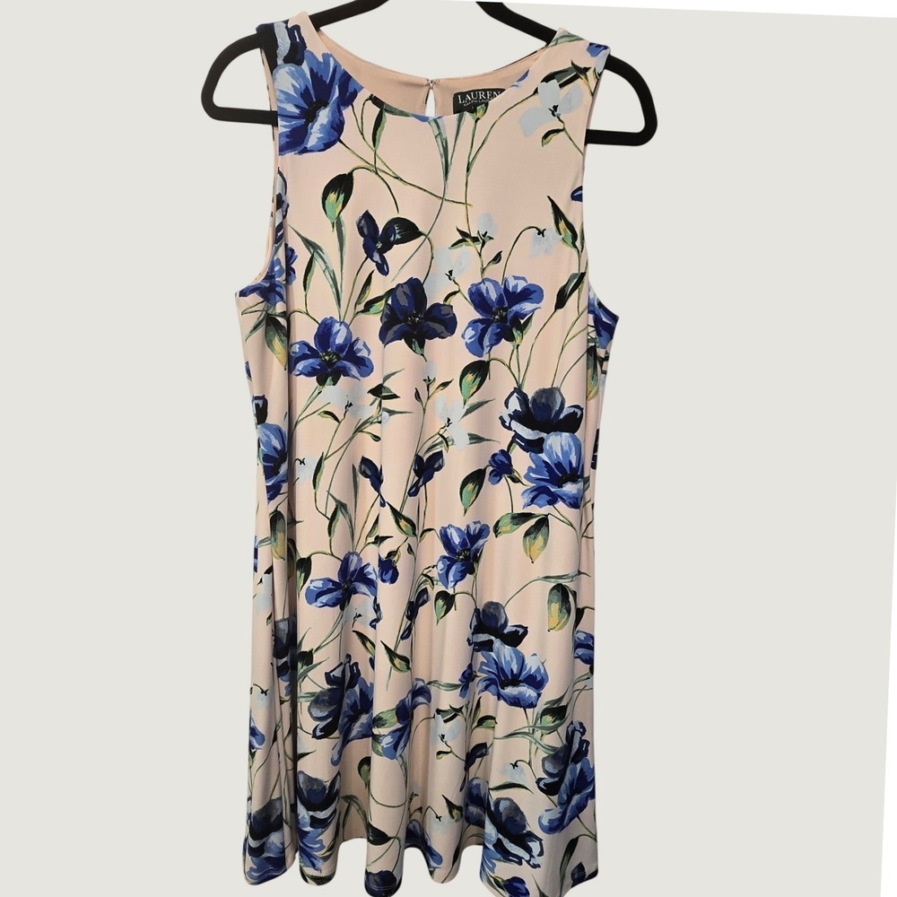 Lauren Ralph Lauren 16P Floral Sleeveless Fit Flare Dress Blue Pink Cottagecore - Picture 4 of 7